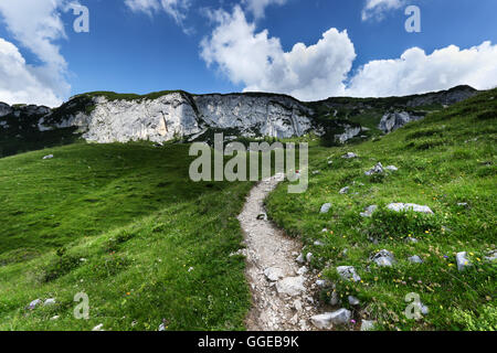 Niedrigen Winkel Blick auf Gebirge mit Wanderweg unter bewölktem Himmel. Achensee-Bereich, Tirol, Österreich. Stockfoto