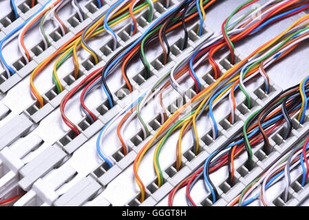 Telekommunikation-Hauptverteiler mit Kabeln, Nahaufnahme Stockfoto