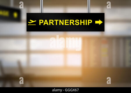 partnership on airport sign board with blurred background and copy space Stockfoto