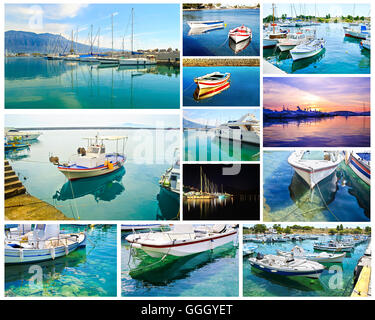 Collage mit Boot Reflexionen am Meer - griechischen Sommer Fotos mit Booten Stockfoto