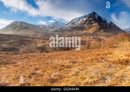 SRON Na Creise & Stob ein ' Ghlais Choire und Fluss Coupall bei Glen Etive, Highlands, Schottland, Vereinigtes Königreich, Europa. Stockfoto