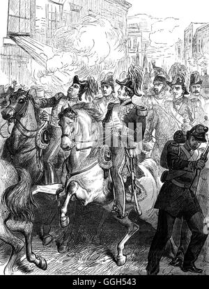 Am 28. Juli 1835 überlebt König Louis Philippe ein Attentat während des Königs jährliche Überprüfung der Paris Nationalgarde zum Gedenken an die Revolution.  Giuseppe Mario griffen die Prozession mit einem selbstgebauten Waffe, die später bekannt als die Maschine Infernale, die bestand aus 25 Geschützrohre befestigt, ein Holzrahmen, der gleichzeitig abgefeuert werden könnten. Eine Kugel streifte nur des Königs Stirn, aber 18 Menschen kamen ums Leben. Stockfoto