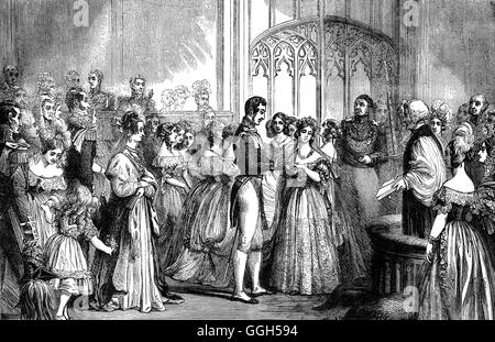 Die Hochzeit von Königin Victoria und Prinz Albert, am 10. Februar 1840, die Hochzeit im Februar, der ersten Ehe eine amtierende englische Königin seit Bloody Mary fast 300 Jahre zuvor, fand in der Chapel Royal an Str. Jamess Palast, London, England Stockfoto