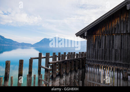 Bootshaus am See Walchensee Morgen Lust, See Walchensee, Alpen, Bayern, Deutschland Stockfoto