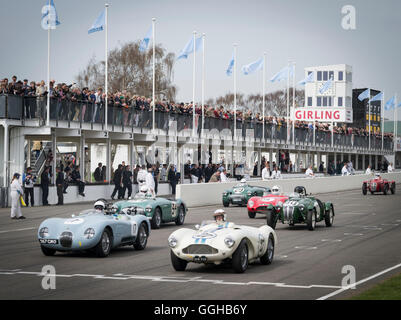 1952 Jaguar C-Type (L) und 1955 Aston Martin DB3S, Peter Collins Trophy, 72. Mitgliederversammlung, Rennen, Autorennen, Oldtimer, Stockfoto