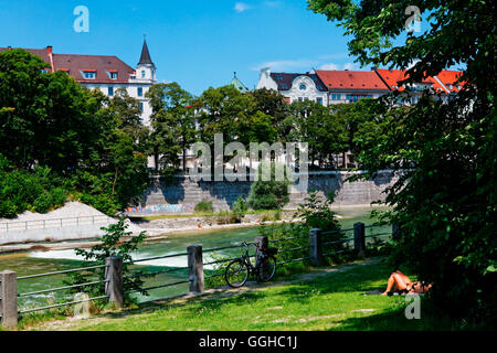 Östlichen Ufer des Fluss Isar, Lehel, München, Upper Bavaria, Bavaria, Germany Stockfoto