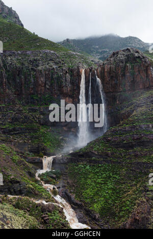 Cascada El Escobar, Wasserfall, Barranco del Charco Azul, Schlucht am Ende des El Risco-Tal, in der Nähe von El Risco, in der Nähe von Agaete, Natura Stockfoto