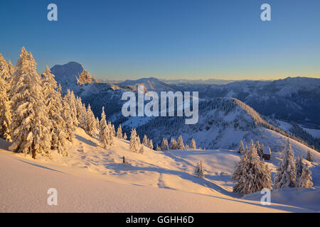 Winter-Bergwelt, Breitenstein, Mangfall Berge, Bayerische Voralpen, Upper Bavaria, Bavaria, Germany Stockfoto