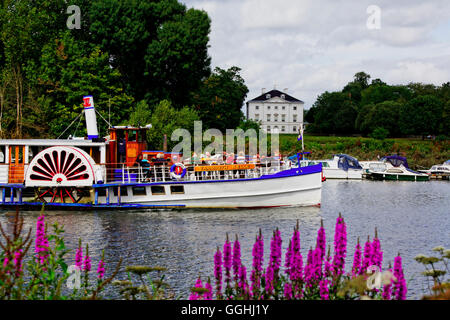 Ausflugsboot auf der Themse vor Marble Hill House, Richmond upon Thames, Surrey, England, Vereinigtes Königreich Stockfoto