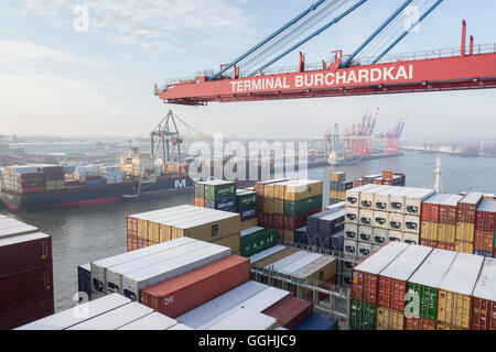 Be- und Entladen von das Containerschiff CMA CGM Marco Polo in die Container Terminal Burchardkai in Hamburg, Deutschland Stockfoto