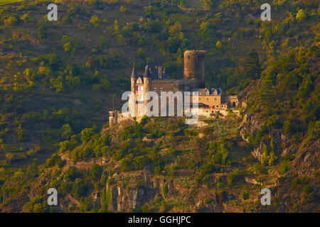 Blick von der Loreley bei St. Goarshausen auf Burg Katz, Mittelrhein, Mittelrhein, Rheinland-Pfalz, Deutschland, Europa Stockfoto