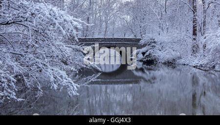 Schneebedeckte Bäume und Steinbrücke im Flusswasser spiegelt sich im Winter im Park, Sharon Woods, südwestlichen Ohio, USA Stockfoto