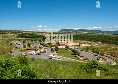 Der Rastplatz des Brocuejouls auf A75 in der Nähe von Viadukt von Millau, Aveyron, Frankreich Stockfoto
