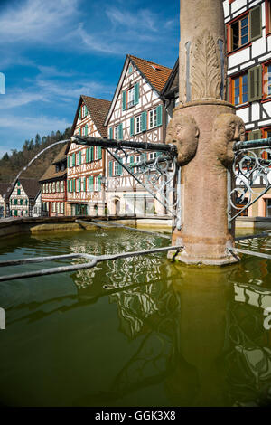 Fachwerkhäusern und Brunnen, Schiltach, Schwarzwald, Baden-Württemberg, Deutschland Stockfoto
