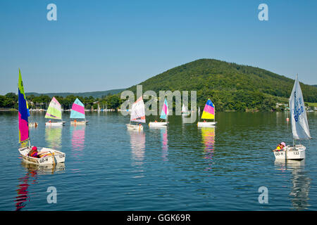 Bunte Segel von Segelbooten eine Segelschule auf See Edersee in See Edersee und Nationalpark Kellerwald-Edersee, Hessen, G Stockfoto