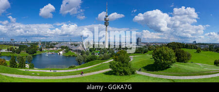 Blick von der Olympiaschanze in Richtung Olympiaturm und BMW Tower, Allianzarena und Froettmaniger Schuttberg im Hintergrund Stockfoto