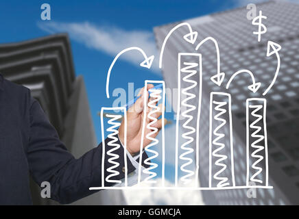 Hand der Geschäftsmann zeichnen von Grafiken ein Top wachsenden Graph Konzept der Investition Gewinn im Geschäft und haben Wolkenkratzer b Stockfoto