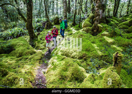 Zwei Mädchen und eine Frau Wandern durch Farne im Regenwald von Fjordland am Lake Manapouri, Hope Arm, Südinsel, Neuseeland Stockfoto