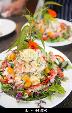 Vera und Reto Balzer Vorbereitung Anatoki Lachs, Sans Souci Inn, Pohara, Golden Bay, Südinsel, Neuseeland Stockfoto