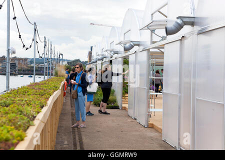 30. Juli 2016 - links Farmopolis an der Anlegestelle in Greenwich Peninsula Anzeigen über Blumen und Pflanzen von Chelsea Flower Show Stockfoto