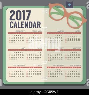 Flaches Design Brillen auf Notebook 2017 druckbare Kalender beginnt Sonntag Vektor-Illustration Stock Vektor