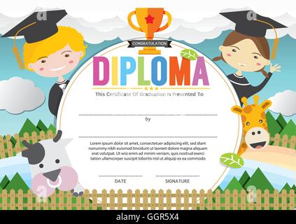 Kinder-Diplom-Zertifikat-Vorlage-Vektor-Illustration Stock Vektor
