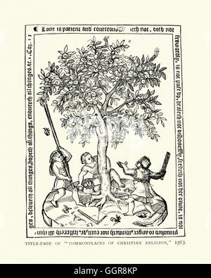 Titelseite der Gemeinplätze von Christian Religion, 1563. Menschen sammeln Früchte von einem Baum zu zeigen Stockfoto