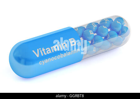 Kapsel Vitamin B12, 3D-Rendering isolierten auf weißen Hintergrund Stockfoto