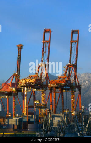 Drei Container Portalkränen Centerm Hafen in Vancouver Burrard Inlet mit schneebedeckten Grouse Mountain und tiefblauen Himmel Stockfoto
