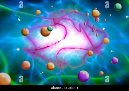 Superstrings, konzeptionelle Computer Grafik. Die Superstring-Theorie ist eine Theorie von allem (Grand Unification Theory), die Gravitationskraft mit anderen fundamentalen Kräfte (Elektromagnetismus und Kernkräfte) zu vereinen, die bereits Descr werden soll Stockfoto