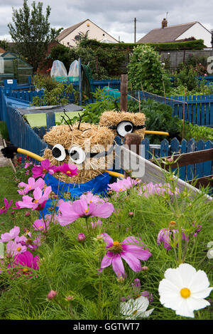 SpongeBob Squarepants Vogelscheuchen auf Shepherd Straße Kleingärten, St. Annes am Meer, Lancashire. Helianthus-Blumen im Vordergrund. Stockfoto