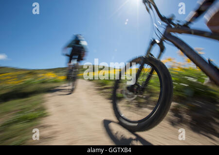 Verschwommene Sicht des Männer reiten Mountain-bikes Stockfoto