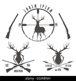 Festlegen der Hirsch Jagd Embleme. Silhouette und Leiter der Hirsche, Target, gekreuzten Gewehren und Pfeile. Stock Vektor