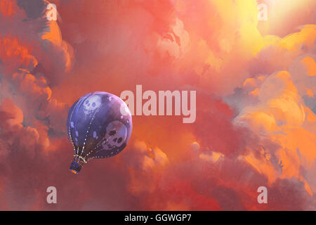 Ballon schwebt in den Himmel mit roten Wolken, Illustration, Malerei Stockfoto