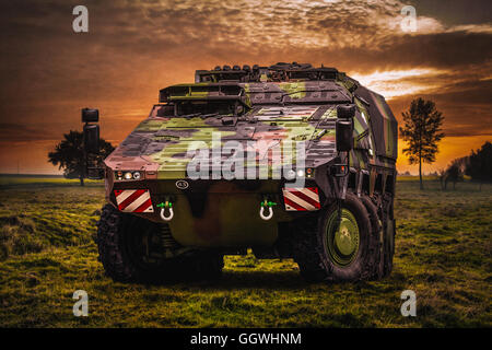 Gepanzertes Kampffahrzeug in einer wunderschönen Landschaft Stockfoto