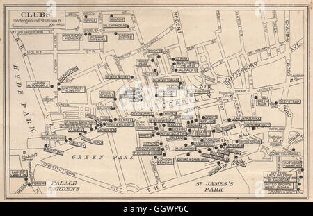 LONDON-GENTLEMENS & DAMEN CLUBS. Str. Jamess Mayfair Whitehall, Karte 1938 alt Stockfoto