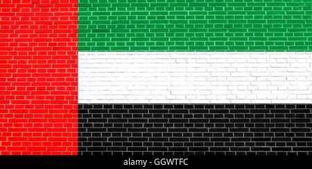 Flagge der Vereinigten Arabischen Emirate auf Ziegel Wand Textur Hintergrund. Nationalflagge der VAE. Stockfoto