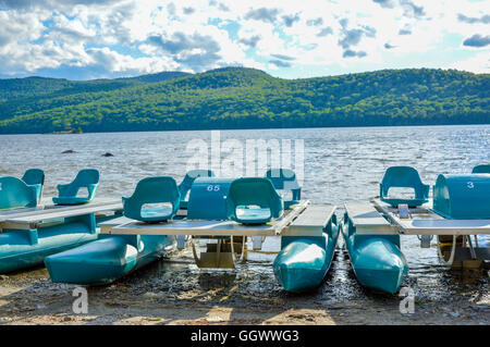 Grüne Tretboote im Nationalpark, Quebec, Kanada. Stockfoto