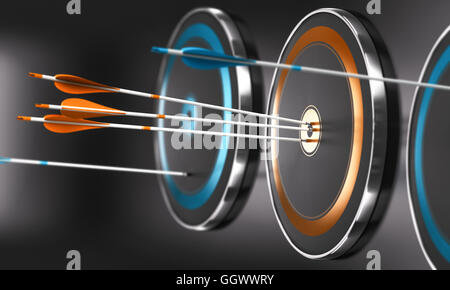3D Darstellung der Ziele Ans Pfeil mit Fokus auf drei orange Pfeile in der Mitte ein Ziel Stockfoto
