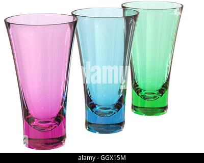 drei Glas in Pink, grün und blau isoliert Stockfoto