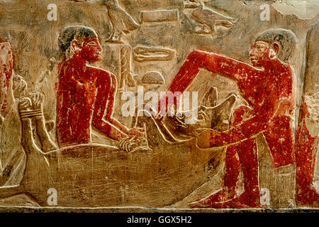 Aus der Mastaba Ti, eines wohlhabenden Landbesitzers und High Court Beamter in der 5. Dynastie. Sakkara, Ägypten. Stockfoto