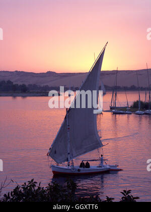 Segelboote Feluke auf dem Nil bei Sonnenuntergang in Assuan, Ägypten. Stockfoto