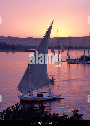 Segelboote Feluke auf dem Nil bei Sonnenuntergang in Assuan, Ägypten. Stockfoto