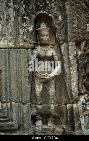 Apsara-weibliche Gottheit Abbildung an der Wand des Prasat Ta Som Tempel in Angkor Wat, Kambodscha. Stockfoto