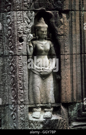 Apsara-weibliche Gottheit Abbildung an der Wand des Prasat Ta Som Tempel in Angkor Wat, Kambodscha. Stockfoto