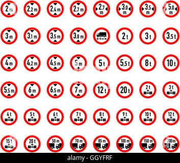 Große Reihe von Gewicht, breit, hoch und Abstand begrenzt Verkehrszeichen auf weiß Stock Vektor