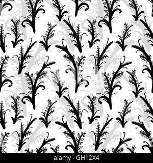 Schwarz und grau-Anlage Silhouetten auf weiße, nahtlose Muster Stock Vektor