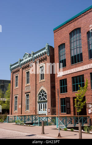 Rochester, New York. Mill Street, Browns Rennen National Register Historic District. Rochester-Wasserwerk Altbau. Stockfoto