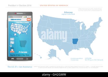 Vereinigte Staaten von Amerika-Karten und Arkansas Staatsgebiet. politische Karte der USA Vektor. US-Wahl-Hilfe-app für Smartphone Stock Vektor