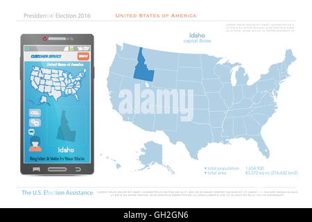 Vereinigte Staaten von Amerika-Karten und Idaho Staatsgebiet. politische Karte der USA Vektor. US-Wahl Hilfe app für Smartphone. t Stock Vektor